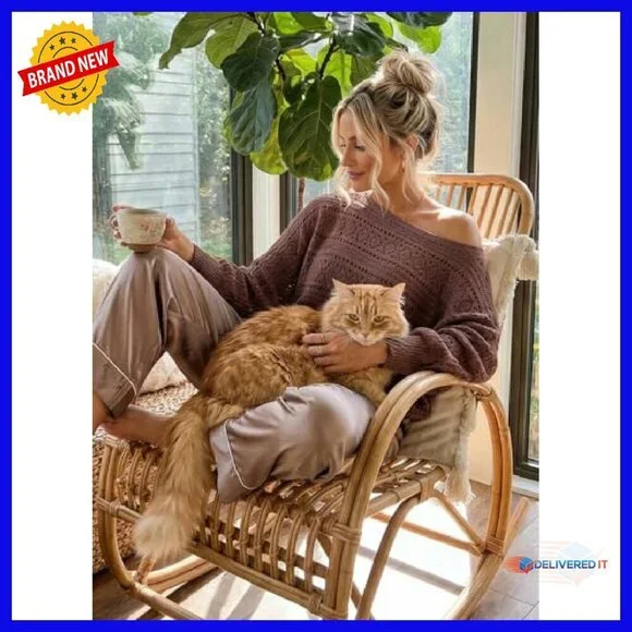 Crochet Boat Neck Long Sleeve Sweater Loose Fit Cozy Fall Winter - Picture 5 of 8